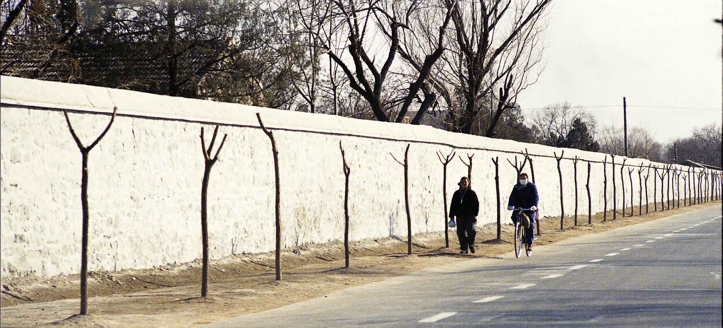冬日北京，长长的白墙边，一人步行、一人骑车朝远处走去